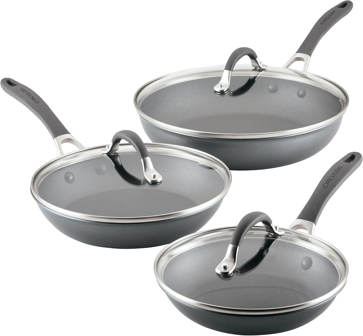 Circulon A1 Series with ScratchDefense Technology Nonstick Induction, Frying Pans/Skillets with Lids, Metal Utensil Safe, Skillet Set w/Lid (8.5", 10" & 12") - Graphite