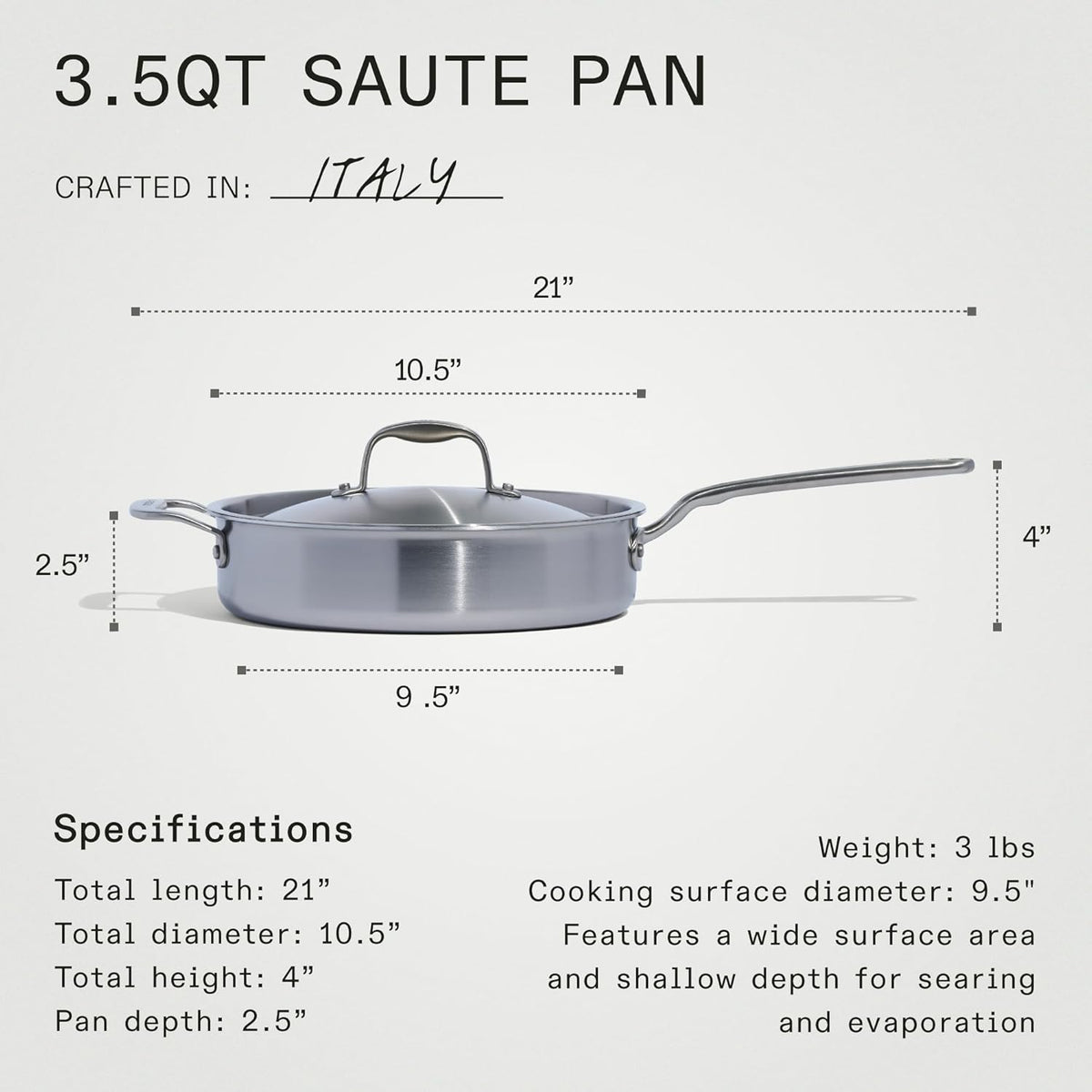 Made In Cookware - 3.5 Quart Stainless Steel Saute Pan - 5 Ply Stainless Clad - Professional Cookware - Induction Compatible - Crafted in Italy
