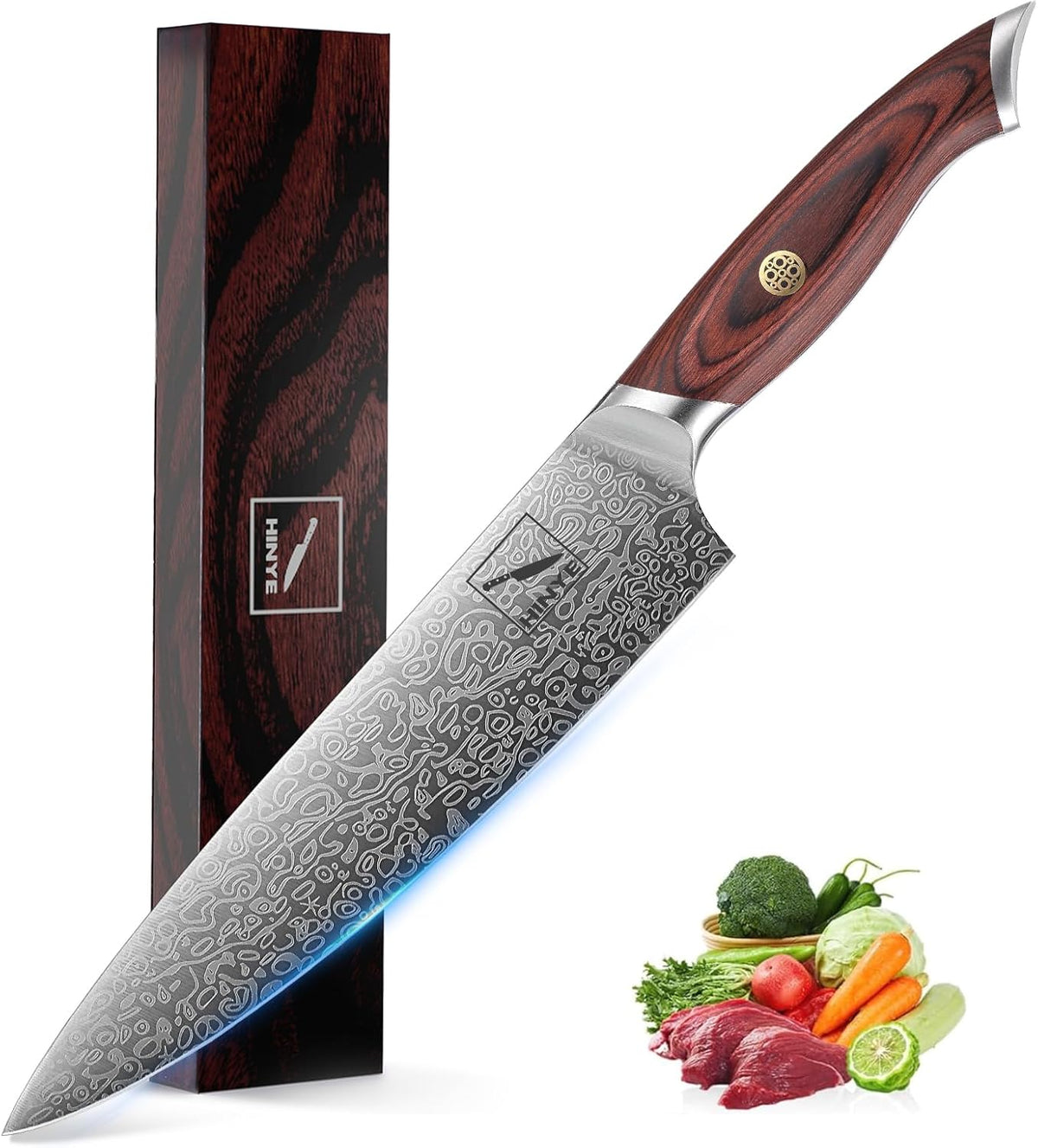 8" German Damascus Chef Knife with Redwood Ergonomic Handle, Textured Anti-Stick Blade, Rustproof Kitchen Knife for Effortless Chopping, Premium Gift Box