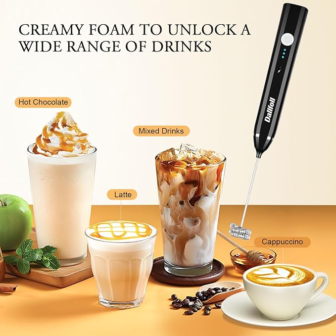 Milk Frother Handheld,Dallfoll USB Rechargeable Electric Foam Wand Maker for Coffee, 3 Speeds Mini Milk Foamer Drink Mixer with 2 Whisks for Bulletproof Coffee Frappe Latte Cappuccino Hot Chocolate