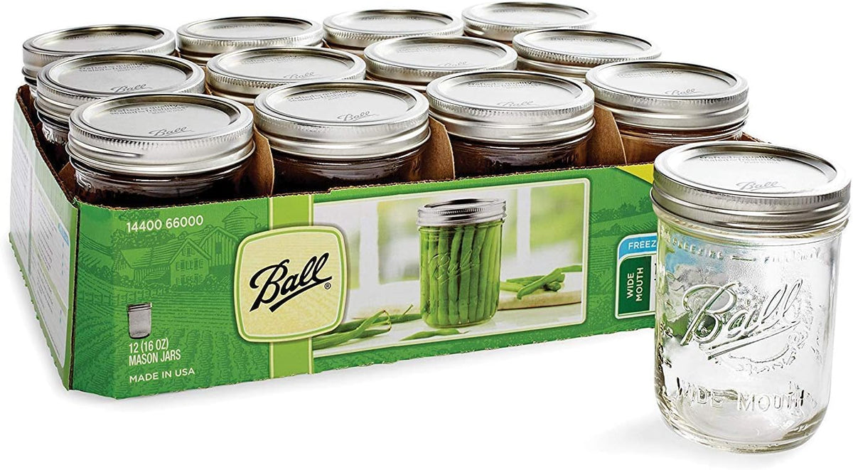 Ball Wide Mouth Pint 16-Ounce Glass Mason Jar with Lids and Bands, 12-Count