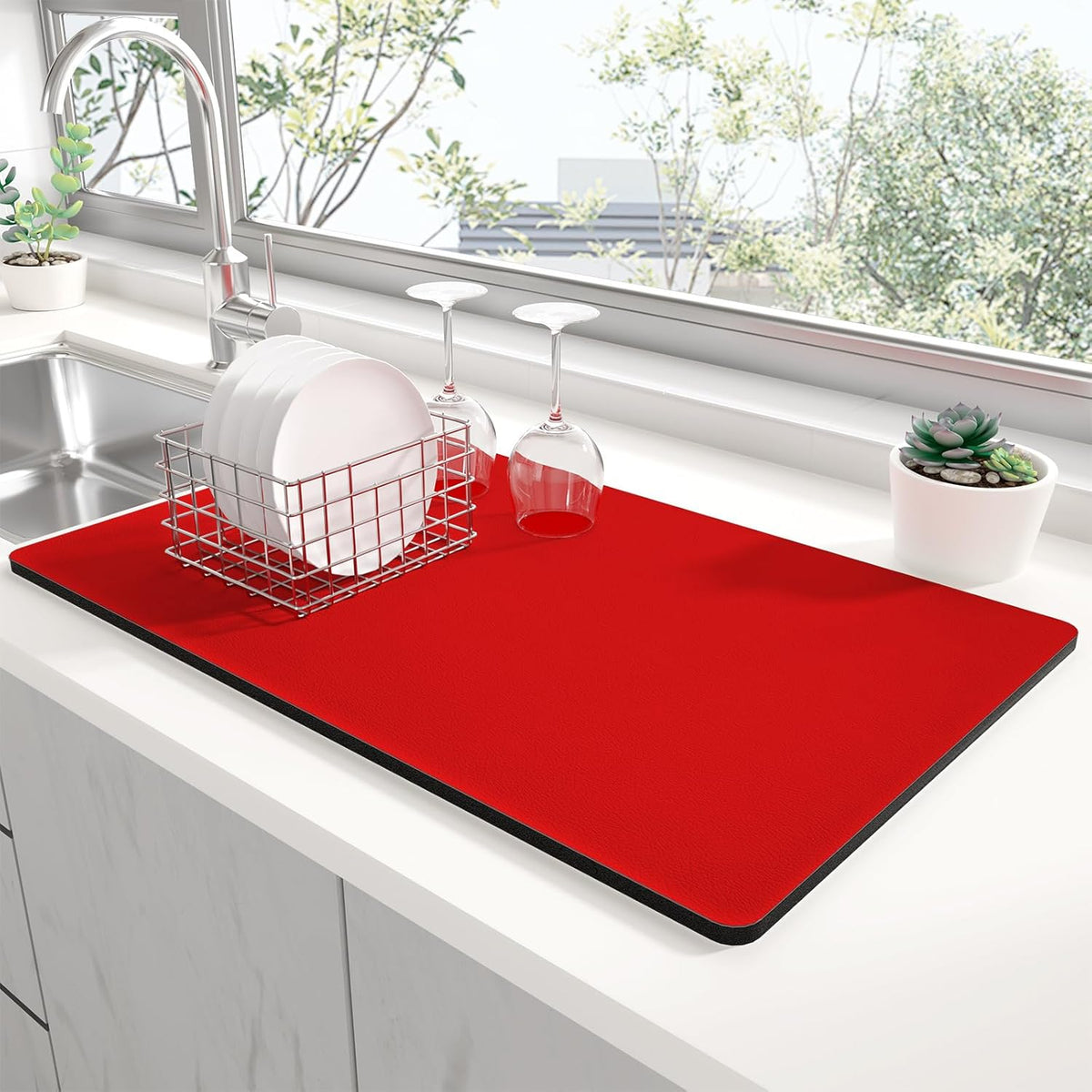 Rnivvi Dish Drying Mat for Kitchen Counter, XL 15 x 24" Super Absorbent Drainer Pad Easy Clean Dish Rack Pad, Non-Slip Heat Resistant Coffee Bar Mats for Coffee Machine Station Accessories Decor, Red