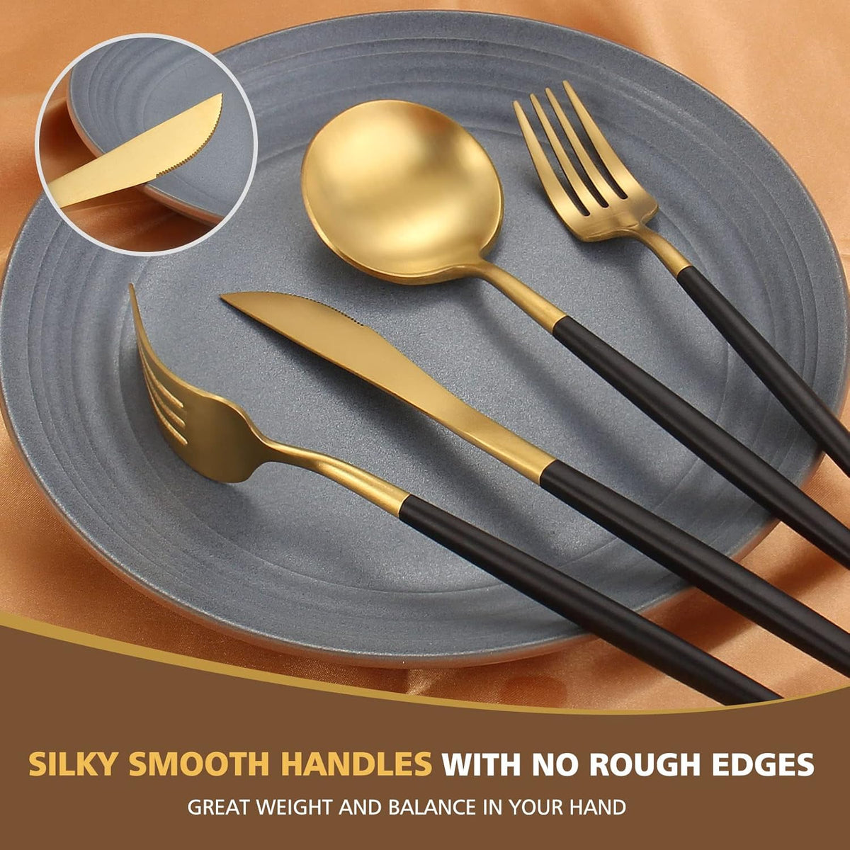 Matte Black Gold Silverware Set, Oliviola 20-Piece Stainless Steel Flatware Cutlery Set Service for 4, Satin Finish Kitchen Utensil Set, Dishwasher Safe