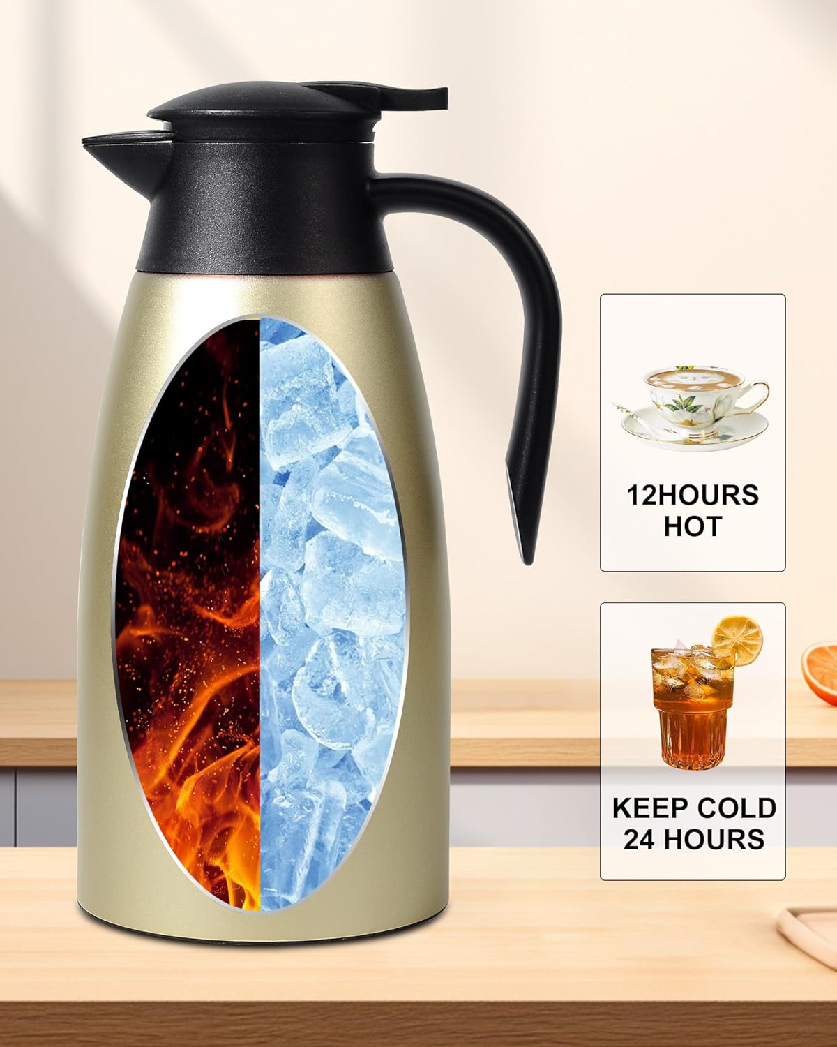 Updated 70 Oz Thermal Coffee Carafe, 2.1L nsulated Stainless Steel Coffee Carafes for Keeping Hot Coffee & Tea Hot Beverage-12Hours, Double Walled Vacuum Coffee Carafe (Gold)