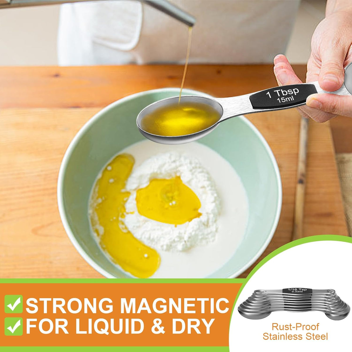 Magnetic Measuring Spoons Set - Wildone Stainless Steel Double Sided Measuring Spoons Set of 7 Black, for Dry & Liquid Ingredients, Including 6 Heavy Duty Nesting Spoons, 1 Leveler, Fits in Spice Jar