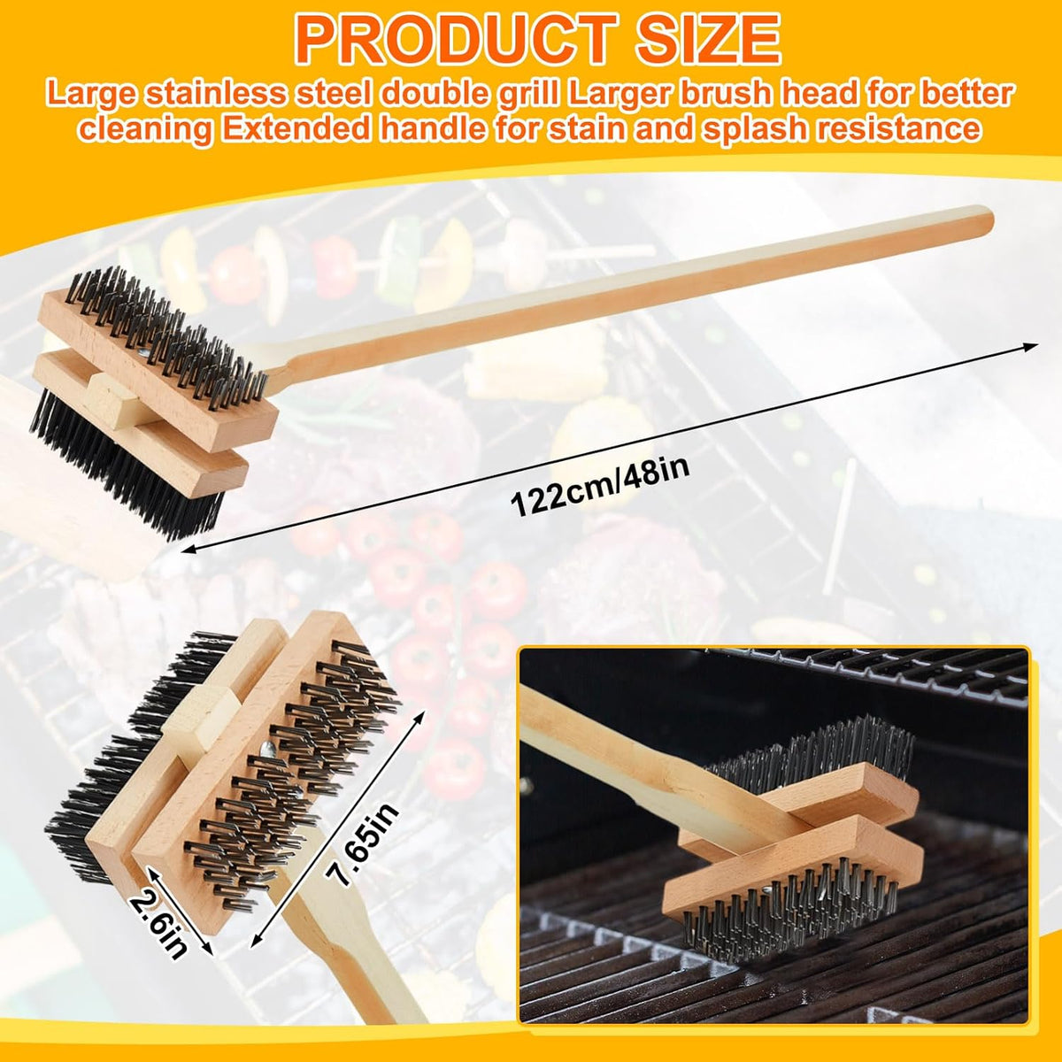 2 Pack Stainless Steel Grill Brush 48 Inch Large Double Ended Grill Brush with Long Handle for Commercial BBQs Outdoor Good Picnic Restaurant Kitchens Dealing with Grease Residue and Buildup