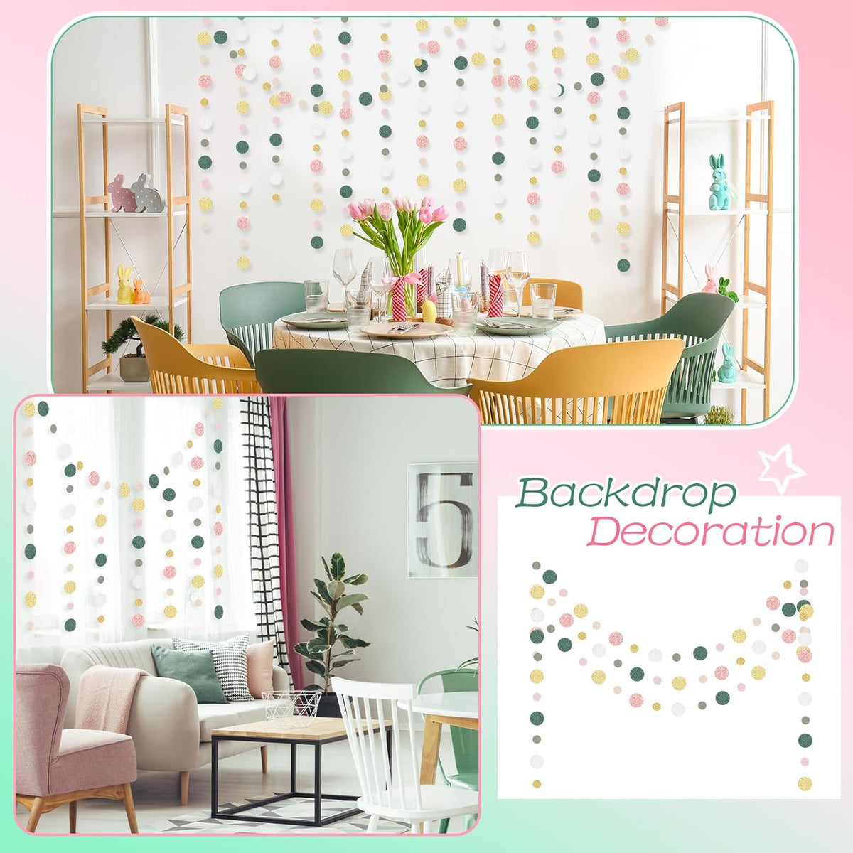 Outus 5 Pieces Colorful Dots Paper Garland Round Glitter Garland Hanging Confetti Streamers Backdrop Decoration for Birthday Classroom Candy Sprinkles Trunk or Treat Party (Sage Green,Pink,Gold)