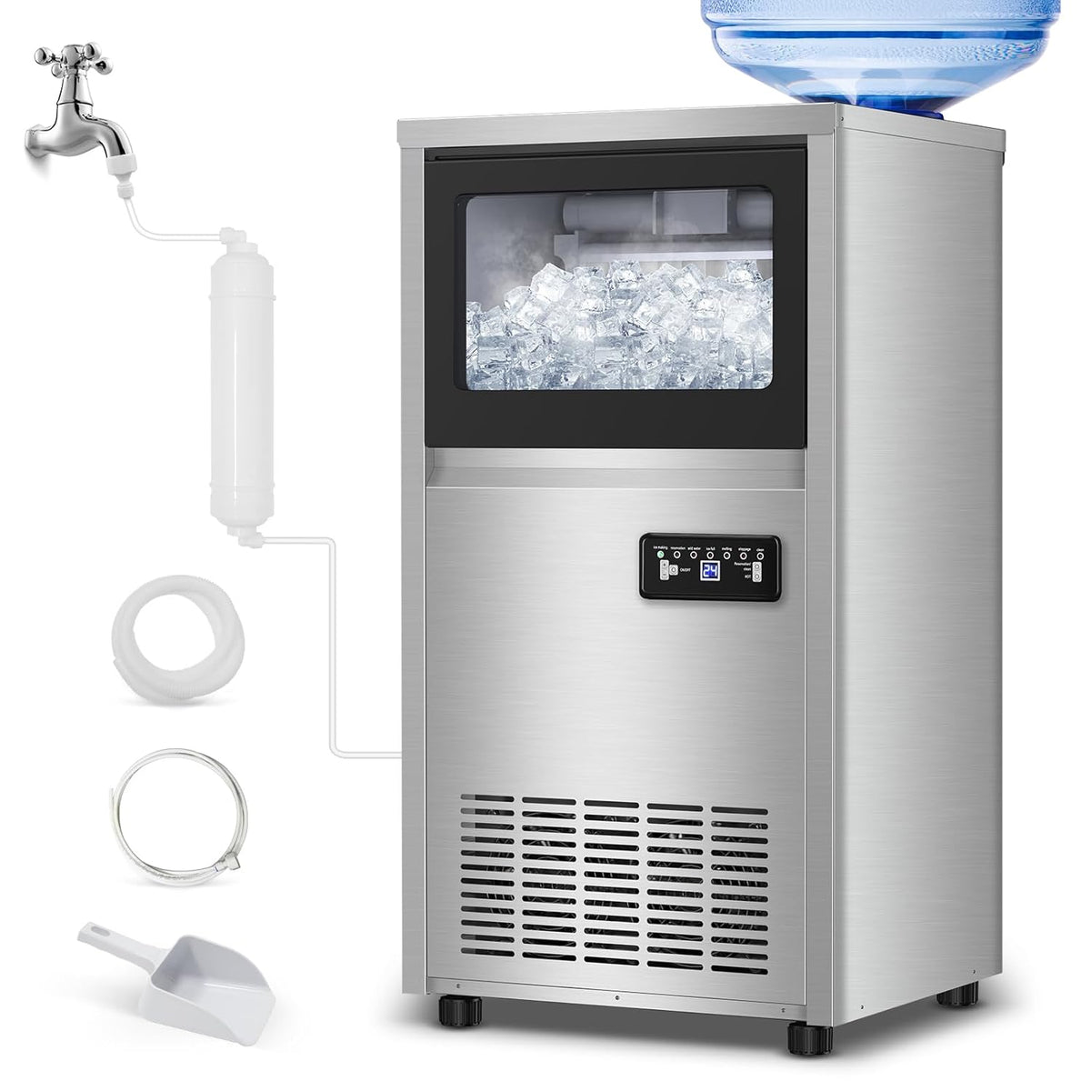 Ice Machine Commercial Ice Maker Machine, 150 Lbs /24H, 30 lbs Bin, Under Counter Built-in or Freestanding, Stainless Steel Household Use, Restaurant Bar Kitchen Cafe
