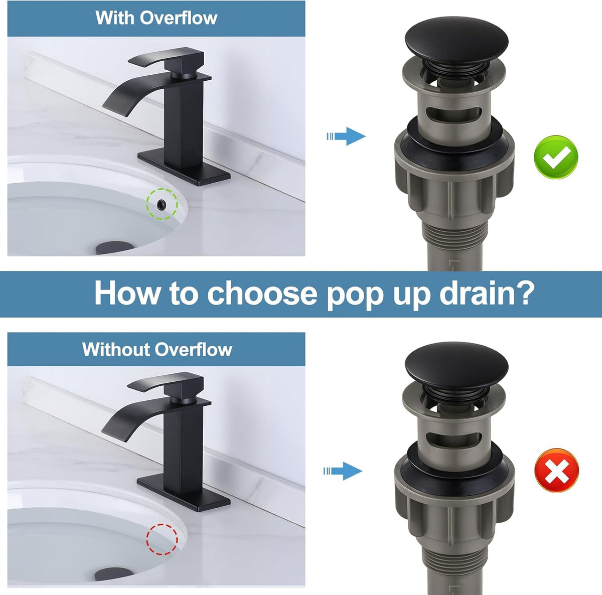 ARCORA Bathroom Sink Drain Matte Black Pop Up Drain with Overflow Vanity Vessel Sink Clicker Drain Stopper