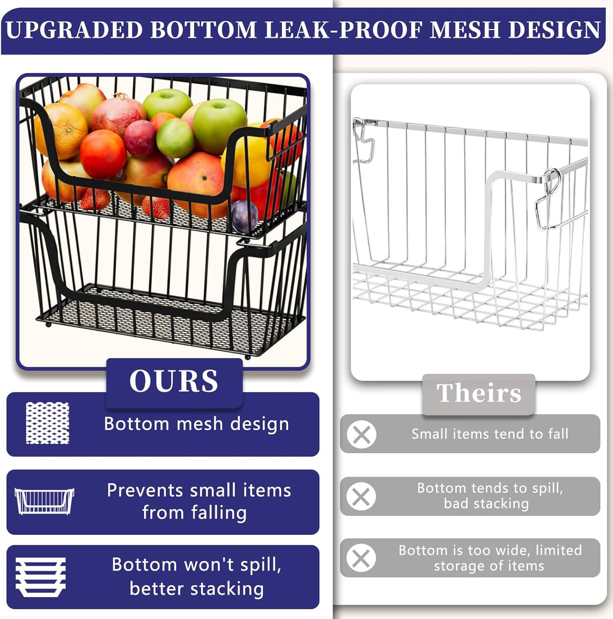 Enhanced Leak-Proof Bottom Stackable Wire Baskets, 4 Pack Pantry Organizers and Storage, pantry storage，Shelf Baskets, Fruit Basket, Potato and Onion Storage Bins，(Black)