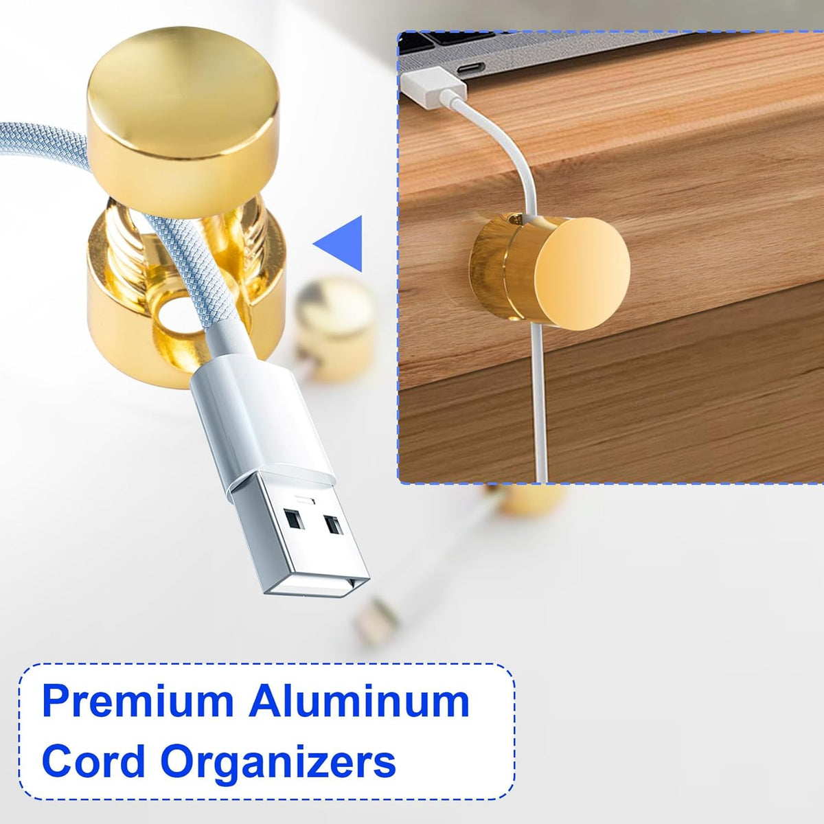 3 Sets Charger Holders for Cords, Gold Adjustable Cable Anchor Holders, Adhesive Metal Cord Clips, Cable Management Wire Organizers for Desk, Office, Nightstand