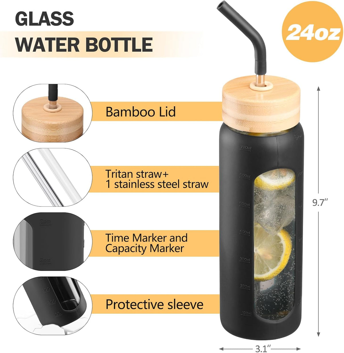 Glass Water Bottle with Straw, 24oz Glass Drinking Bottle with 2 Lids-Bamboo and Spout Lid with Phone Holder Handle for Gym Sports,with Silicone Sleeve and Time Marker,Black