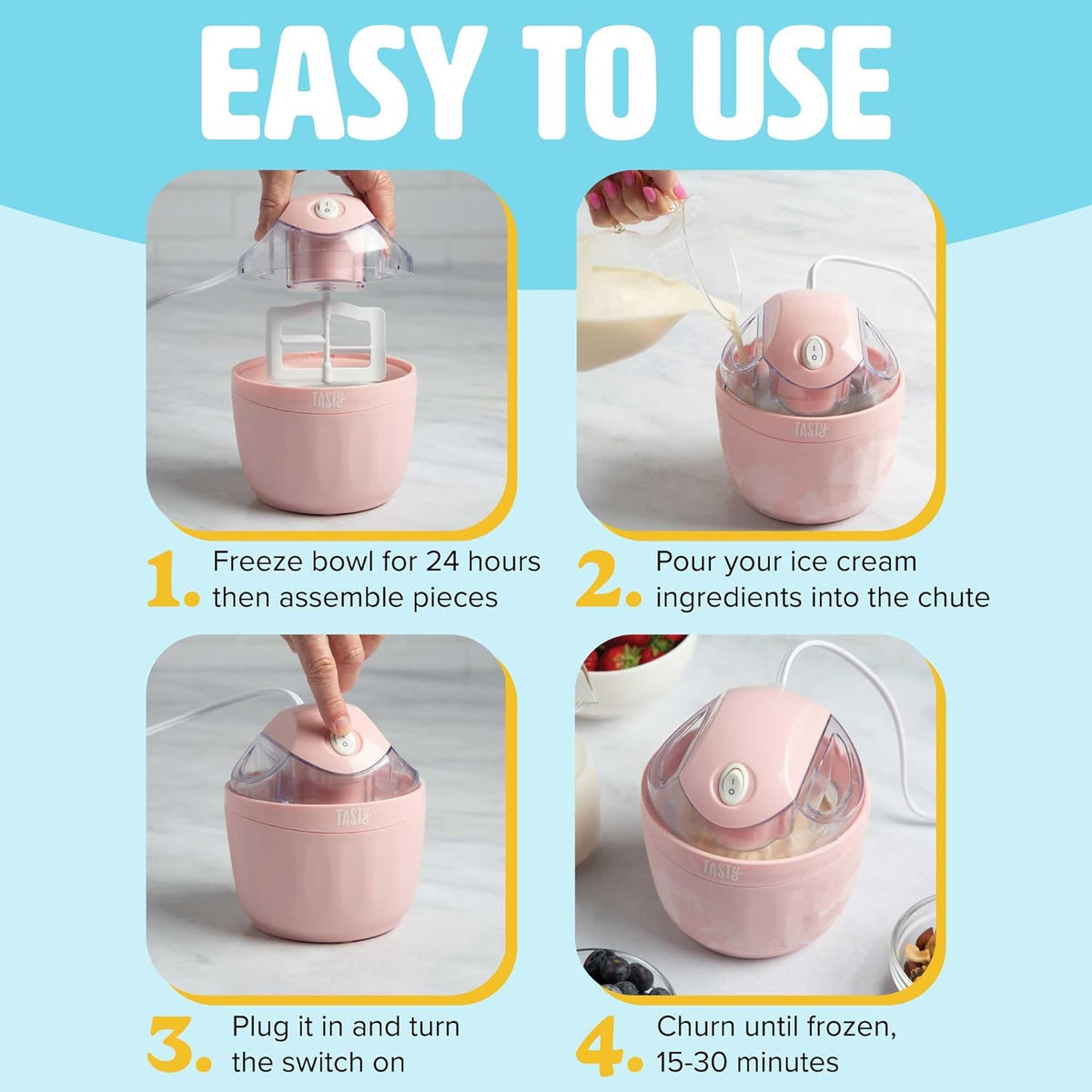 Tasty Mini Ice Cream Maker, Make Ice Cream, Sorbet, Frozen Yogurt, Gelato, Desserts, Quick Results, Pink