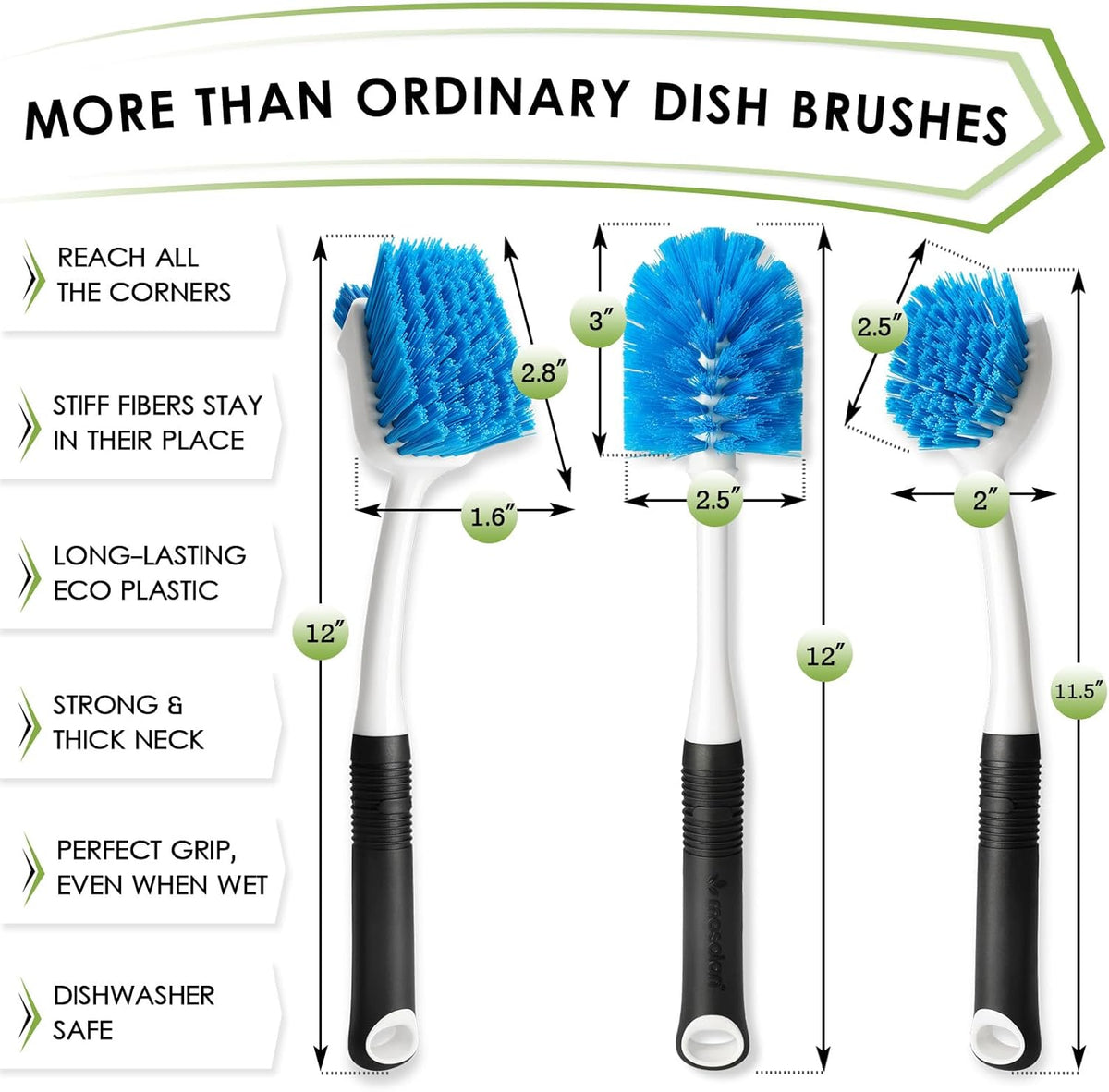 Dish Brush Set of 3 with Water Bottle Brush, Dish Scrub Brush and Scrubber Brush, Long Handle Kitchen Scrub Brushes for Dishes, Bottles, Cups, Pots, Pans and Sinks, Round Head