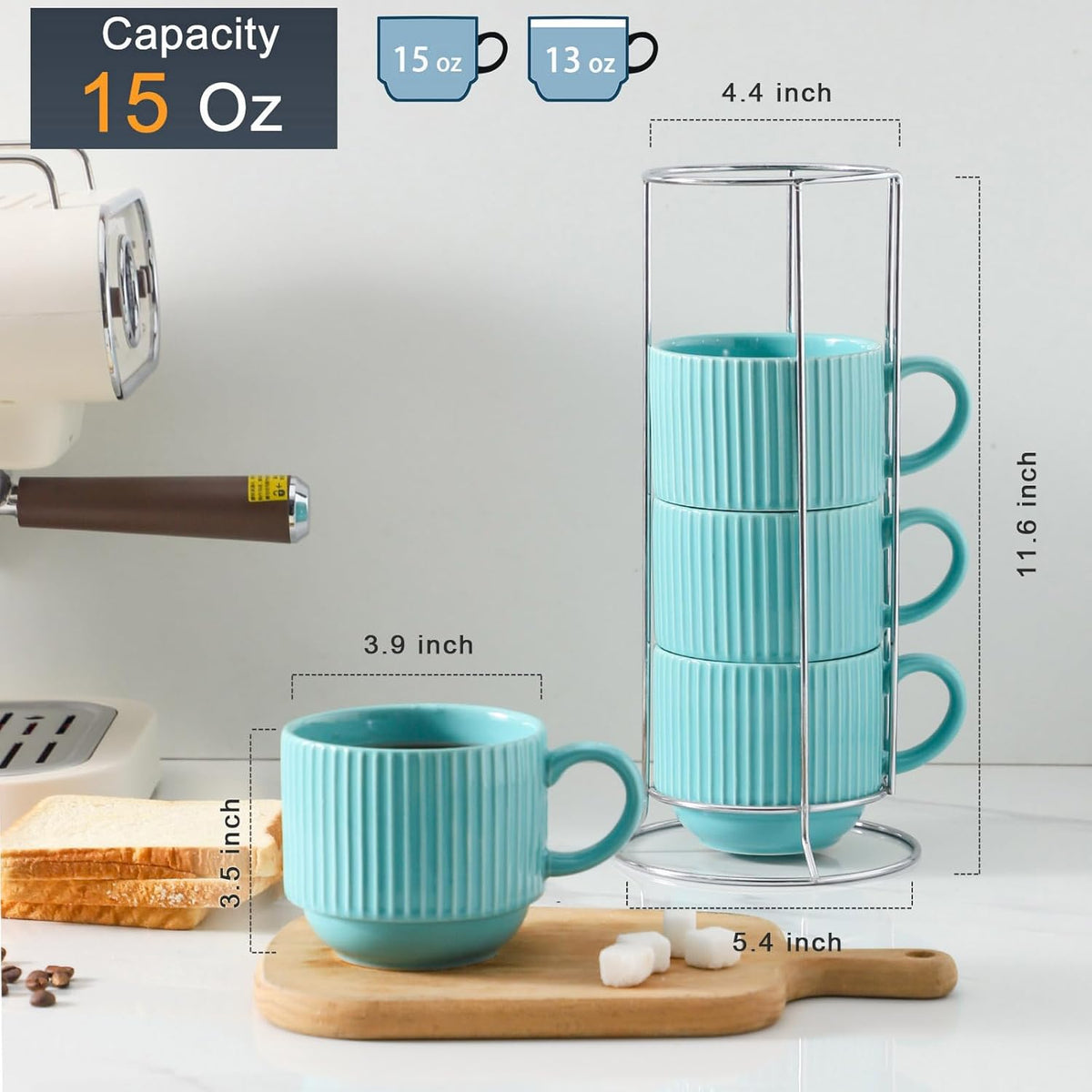 Hasense 15 oz Coffee Mug Set of 4 with Stand - Stackable Large Ceramic Ribbed Latte Cup Set for Cappuccino, Tea, Hot Cocoa, Drinks - Dishwasher & Microwave Safe, Turquoise