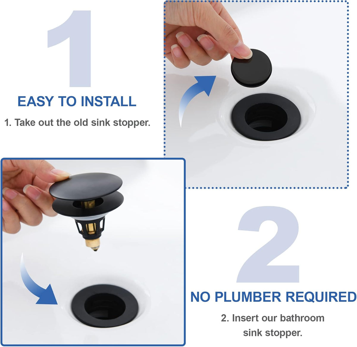 Universal Bathroom Sink Stopper - Pop Up Sink Drain Stopper, Push Button Flixfilter Sink Drain Stopper Replacement, Wash Basin Drain Filter Plug Anti-Clogging Basket, Matte Black