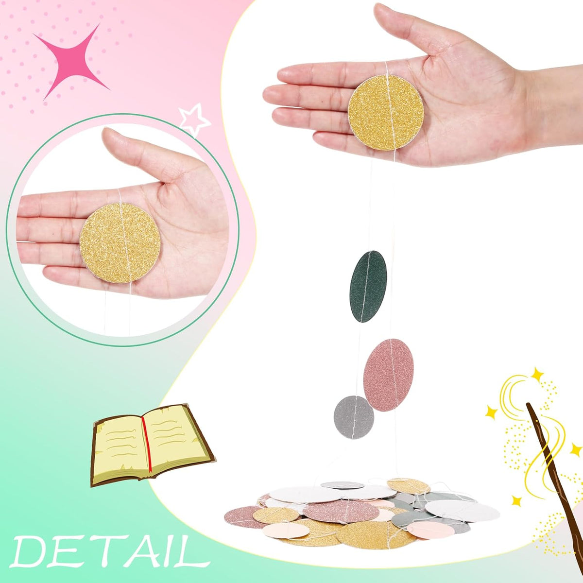 Outus 10 Pieces Colorful Dots Paper Garland Round Glitter Garland Hanging Confetti Streamers Backdrop Decoration for Birthday Classroom Candy Sprinkles Trunk or Treat Party (Sage Green,Pink,Gold)