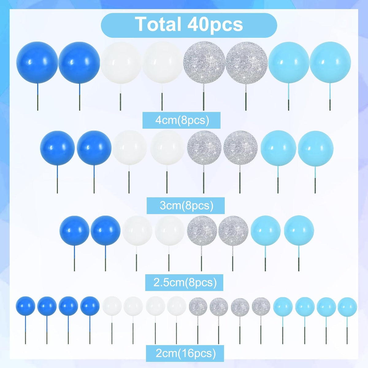 BEISHIDA 40 Pcs Foam Ball Cake Toppers with Sticks Mini Cake Decorations for Birthdays, Boys Party, Baby Showers, DIY Baking Supplies, Winter Party (Blue，White，Silver)