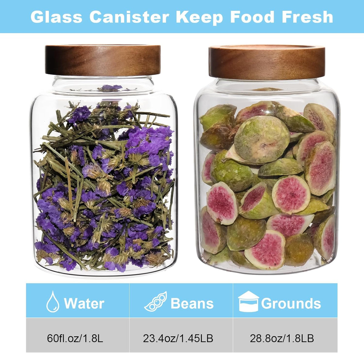 Glass Coffee Jars Spice Jar Round Storage Canister with Wooden Lid Clear Glass Food Jar for Pantry Sugar Tea Coffee Bean Spice Nuts Cookies Bath Salts (1800ml/60oz-2PACK（with spoon))