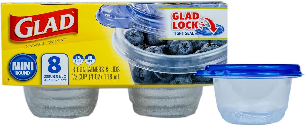 Glad GladWare Mini Round Food Storage Containers - Small Meal Container Holds up to 4 Ounces of Food - Lock Tight Seal, 8 Count