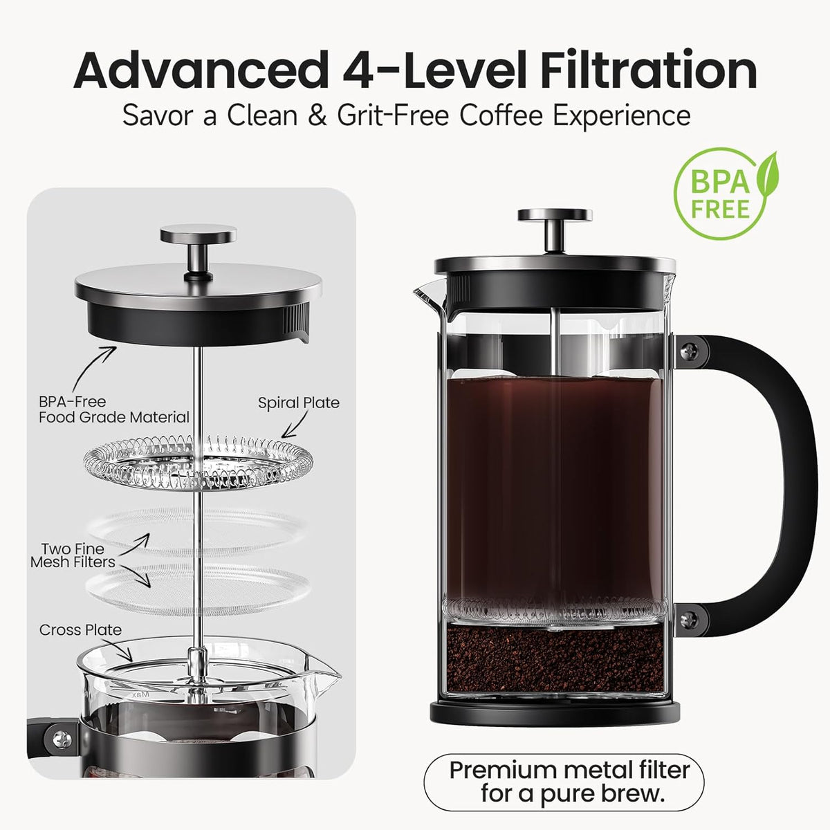 BAYKA 21 Ounce 0.6 Liter French Press Coffee Tea Maker Small, Heat Resistant Thickened Borosilicate Glass Stainless Steel Single Serve Brewer, Cold Brew Cafetera Teapot, Dark Pewter