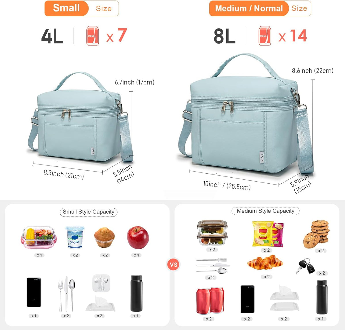 NOL Natural Organic Lifestyle Insulated Lunch Bags for Women Cooler Bag Lightweight Nylon Waterproof Lunch Box For Work (Small, Light blue)