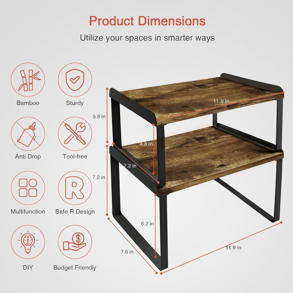 Kitchen Cabinet Organizers and Storage Shelves, Rustic Farmhouse Desk Shelf Riser for Cabinets, Black Expandable Corner Glasses Medicine Cabinet Organizer under Bathroom Sink - Set of 4