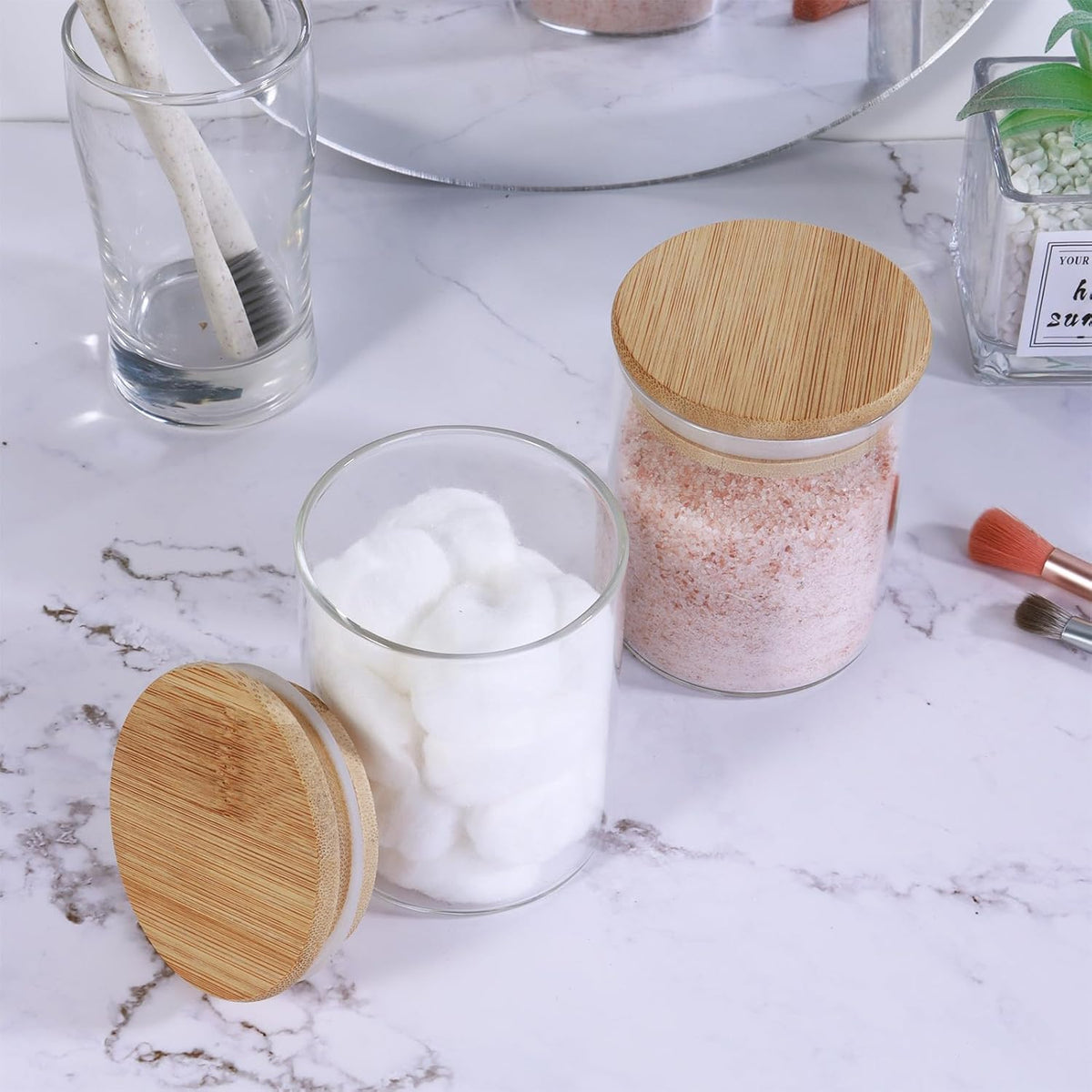 2 Pack Glass Jars with Bamboo Lids - Airtight Bathroom Storage Containers for Organization, Decor & Kitchen Pantry - 7.6oz Small Jars, Eco-Friendly Bath & Kitchen Accessories