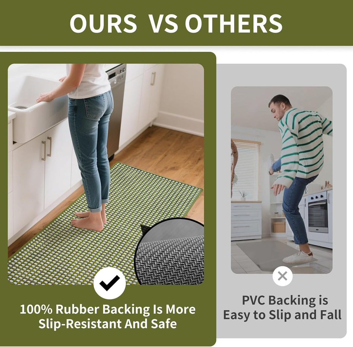 Long Kitchen Runner Rugs Kitchen Mat Non Slip Washable, Super Absorbent Soft Chenille Braided Kitchen Mats for Floor, Rubber Backing Kitchen Floor Sink Standing Mat, Easy Clean, Green 17"x71"