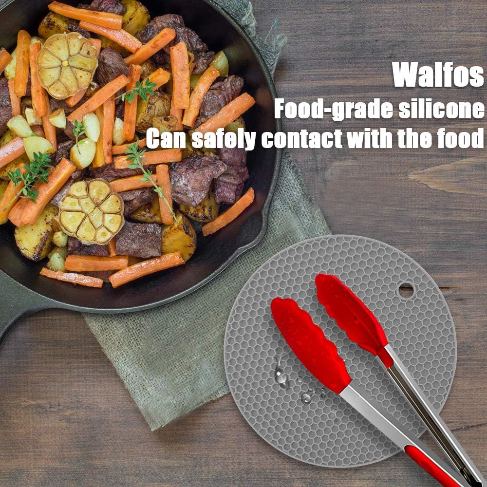 Walfos Silicone Trivet Mats - 4 Heat Resistant Pot Holders, Multipurpose Non-Slip Hot Pads for Kitchen Potholders, Hot Dishers, Jar Opener, Spoon Holder, Food Grade Silicone & BPA Free (Round)