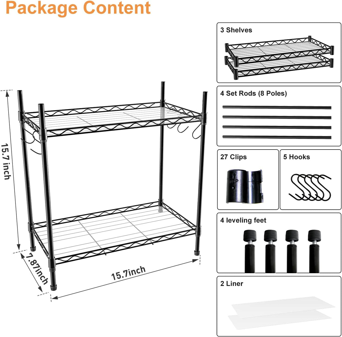 Spice Rack Organizer, Carbon Steel Seasoning Rack 2-Tier Spice Organizer for Cabinet, Adjustable Kitchen Countertop Organizer with Shelf Liner and Hooks for Kitchen Pantry Bathroom Office, Black