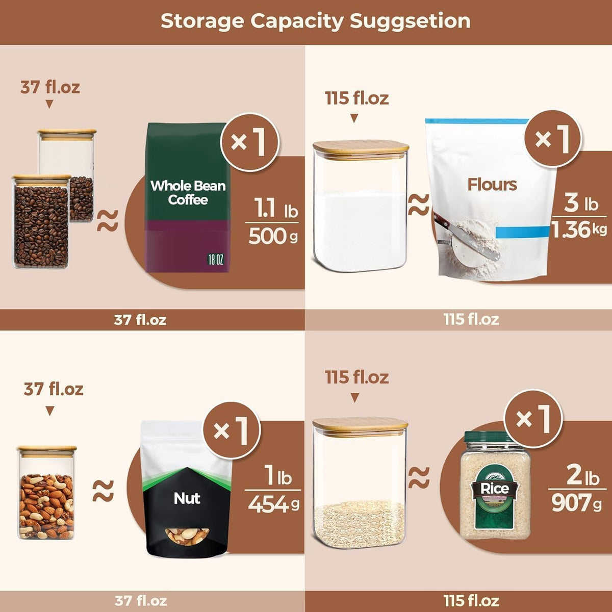ComSaf Glass Food Storage Containers, 115/37 oz Glass Flour and Sugar Containers with Airtight Lids, Large Square Glass Jars with Bamboo Lids for Rice, Pasta, Oats, Grains, Cookies, Snacks, Candy