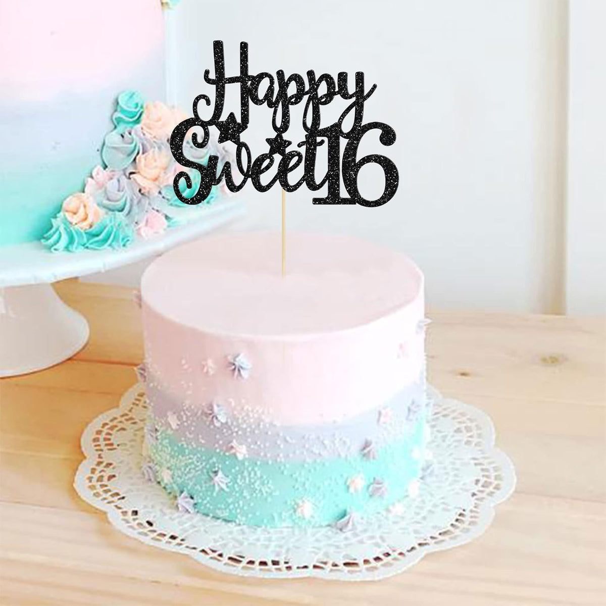 Gyufise 1Pc Happy Sweet 16 Cake Topper Glitter 16th Birthday Cake Pick for Cheers to 16 Years Old 16th Birthday Party Cake Decorations Supplies Black