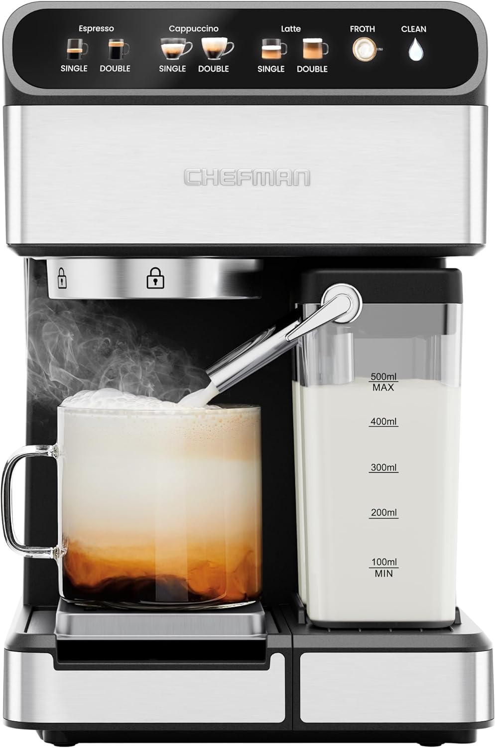 Chefman CaféMaster Pro Espresso Machine, Brew Single or Double Shots, Coffee Maker with Built-In Milk Frother for Cappuccino & Latte, XL 1.8 Liter Removable Water Reservoir - Stainless Steel