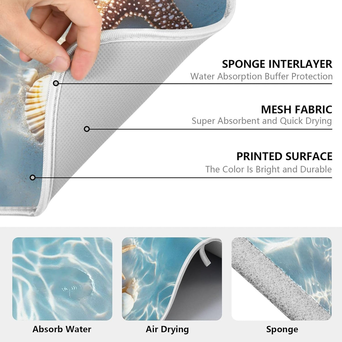 Starfish and Seashell on The Summer Beach Dish Drying Mat for Kitchen Counter Absorbent Microfiber Large Drying Pad Dish mats for Kitchen Countertops 18 x 24 Inch