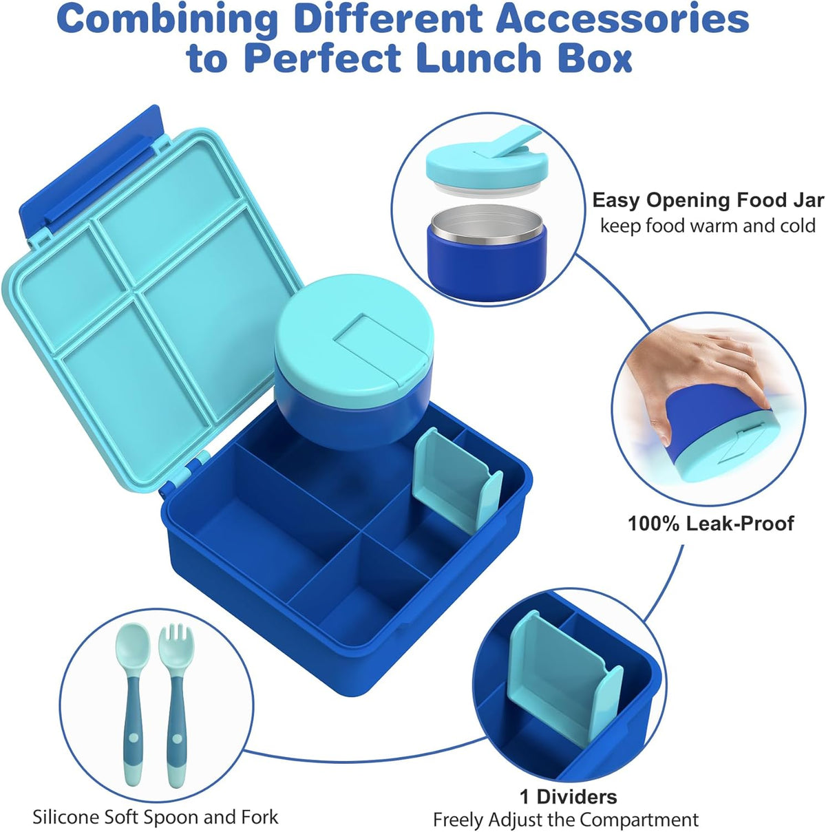 Bento Lunch Box with 8oz Soup Thermo, Kids Leakproof Lunch Food Containers with 4 Compartment, Kids Thermo Insulated Hot Food Jar for School, Trvael（Blue