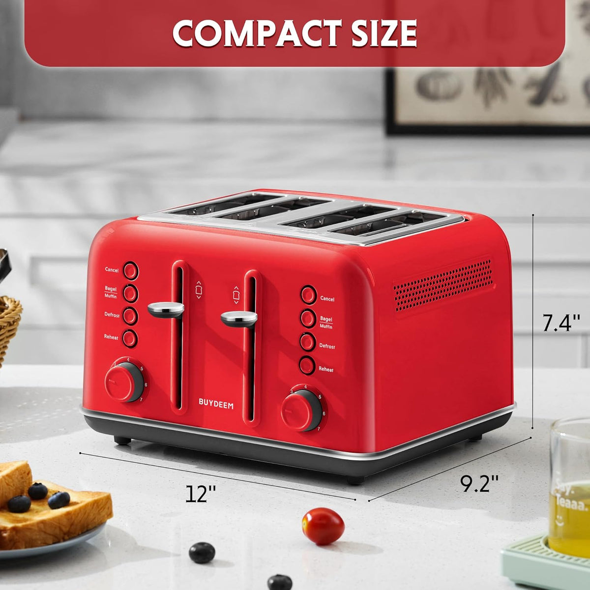 BUYDEEM DT640 4-Slice Toaster, Extra Wide Slots, Retro Stainless Steel with High Lift Lever, Bagel and Muffin Function, Removal Crumb Tray, 7-Shade Settings,Red