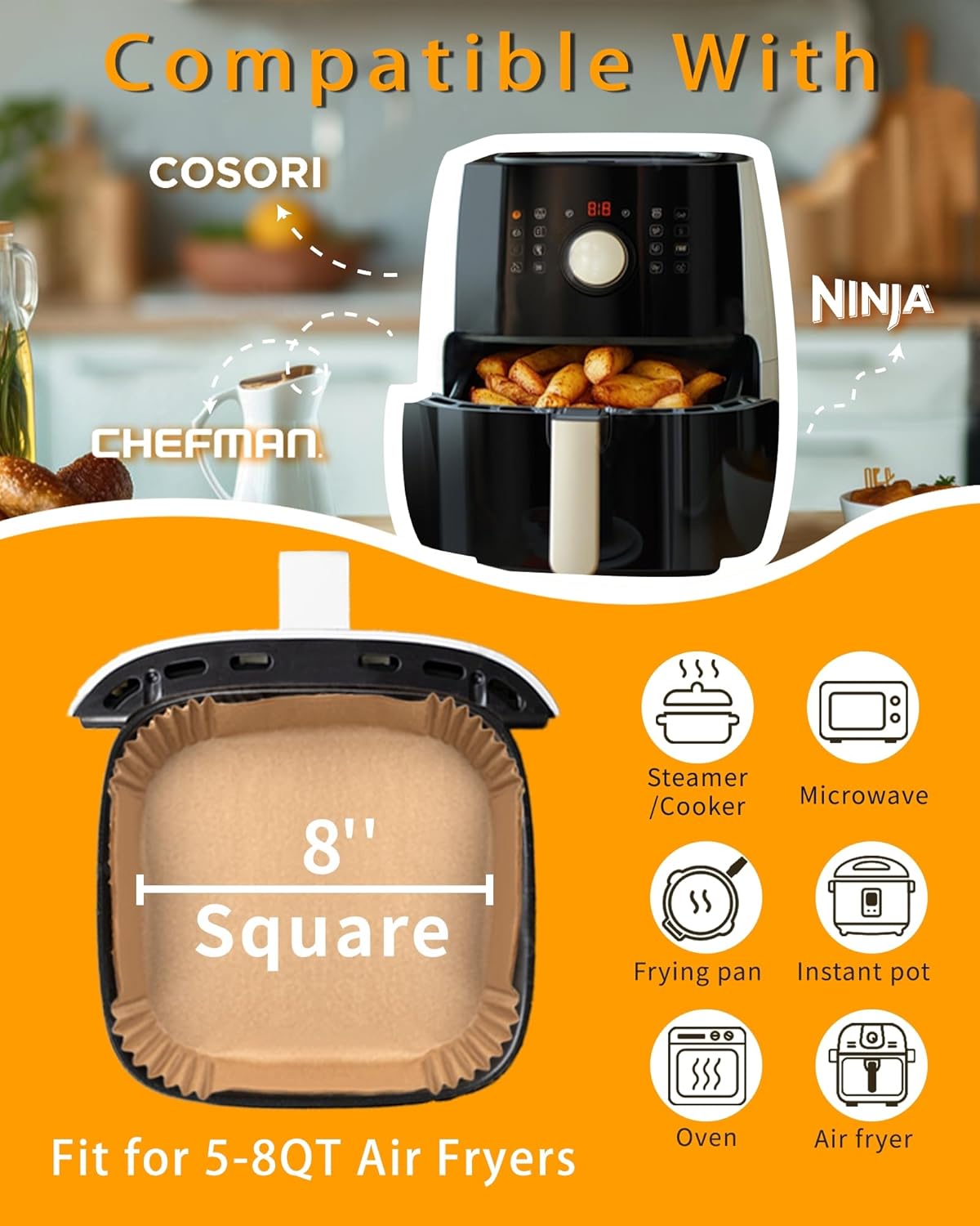 500Pcs Air Fryer Paper Liners, 8” Square Disposable Parchment Paper Liner for 5-8 QT Air Fryer, Non-Stick, Oil Proof Unbleached Airfryer for Baking, Roasting Microwave