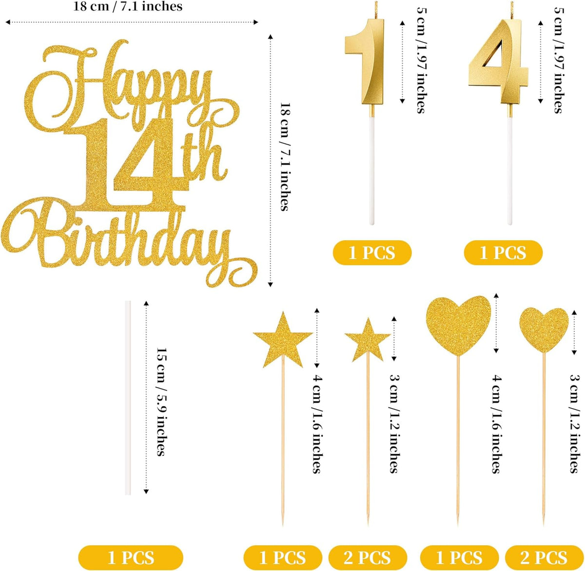 14th Birthday Cake Decorations, 14th Birthday Candles Cake Numeral Candles and Glitter Happy 14th Birthday Cake Toppers Set for Birthday Party Supplies (Gold)