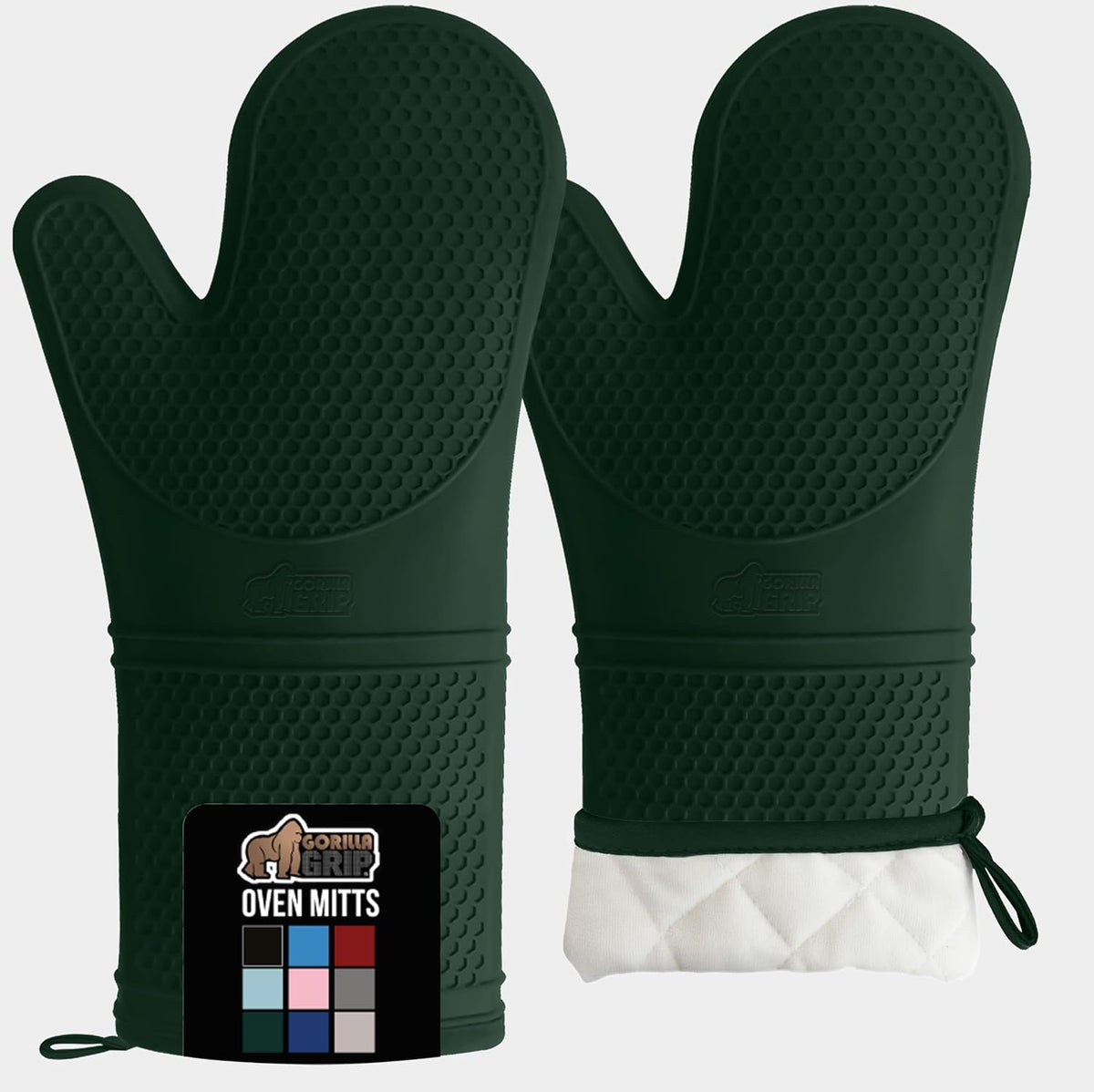 GORILLA GRIP BPA-Free Soft Silicone Oven Mitts, 14.5x8.3, Heat Resistant and Waterproof Cooking Gloves, Thick Cotton Lining, Flexible Gripping for Baking Grilling, Kitchen Potholders Set, Hunter Green