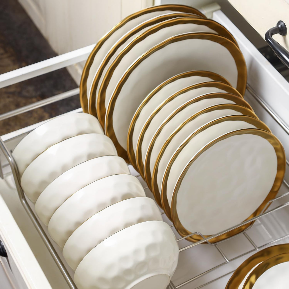 vicrays Ceramic Salad Bowls Set for Kitchen, Serving - 24 Ounce Soup Bowls, Pasta Bowls, Chip Resistant, Dishwasher Safe, NOT Microwave Safe, Fluted, Stoneware, Set of 6 (White with Golden)