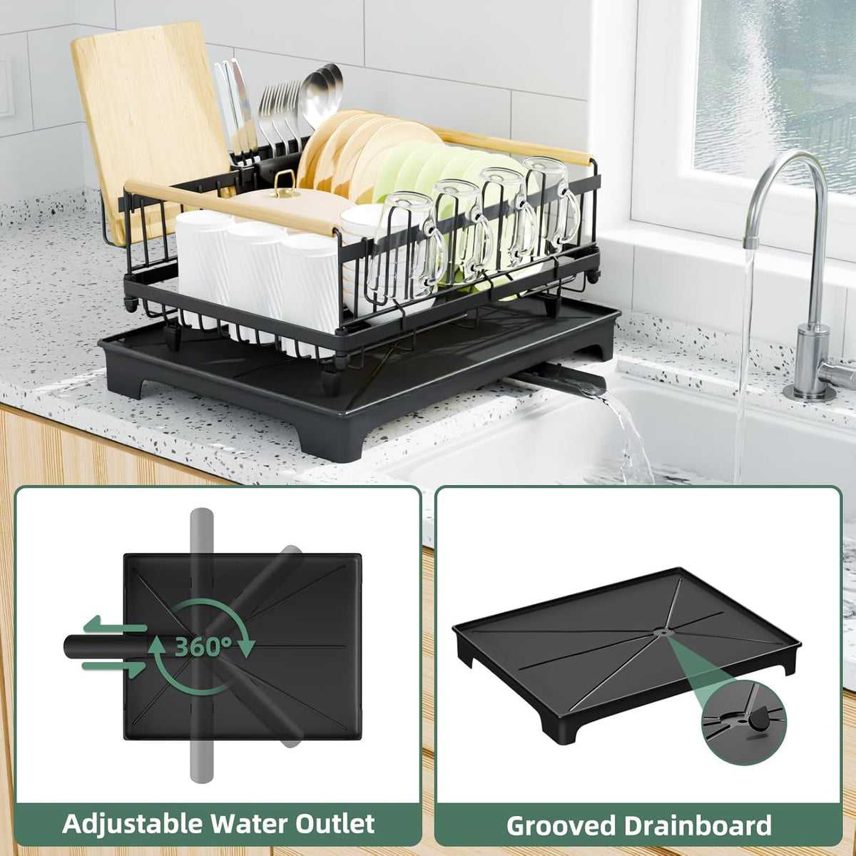 Dish Drying Rack, Drying Rack with Automatic Drainboard, Dish Racks for Kitchen Counter, Rustproof Dish Drainer with Removable Utensil Holder, Cups Holder,Black