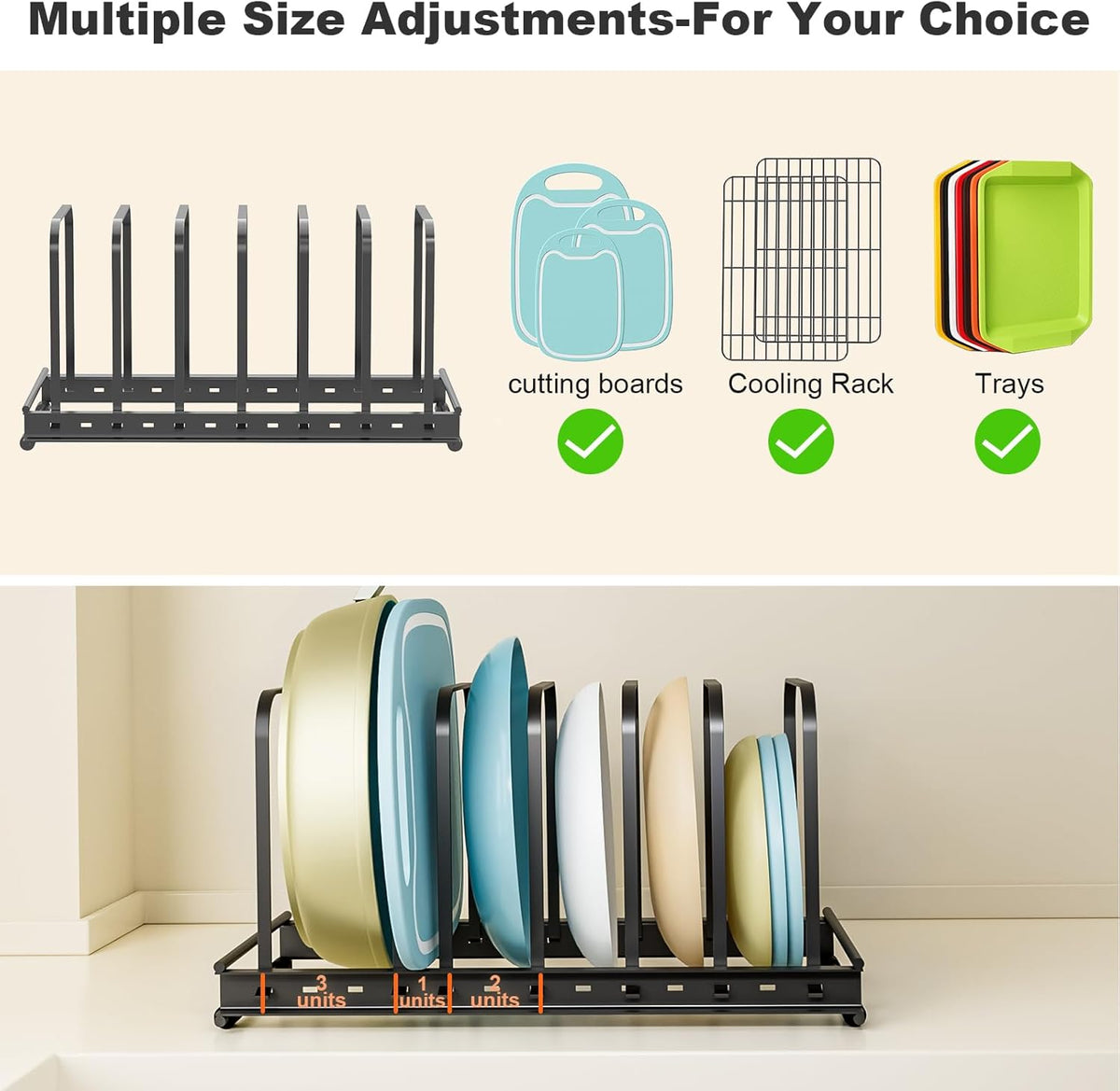 TEAMOLA Adjustable Bakeware Organizer Rack - 2pc Black Heavy-Duty Metal Cutting Board Rack for Cutting Boards & Cookware, Holds Utensils Up to 9.84" Wide (Space-Saving Holder Fits Narrow Countertops)