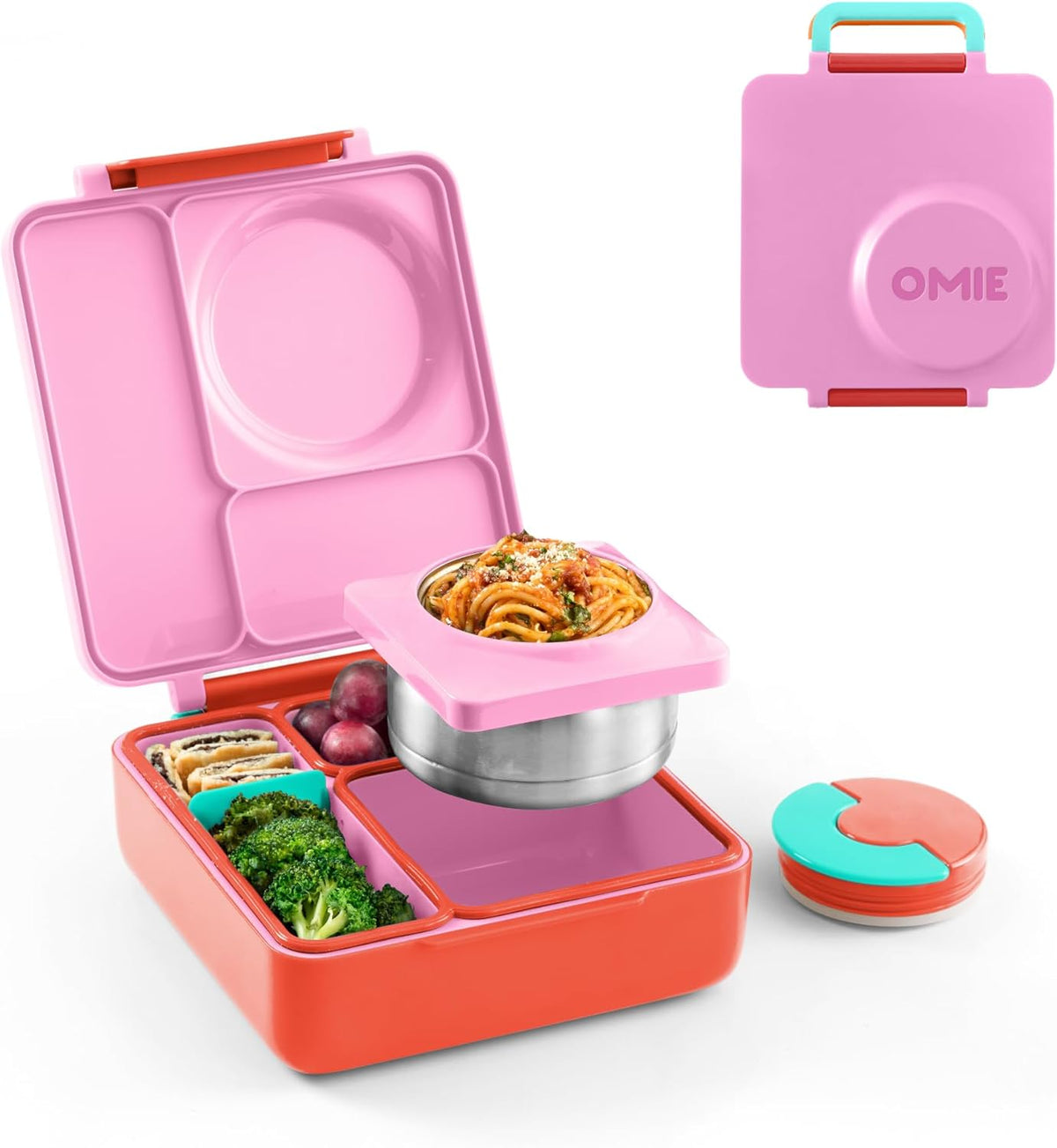 OmieBox Bento Box for Kids - Insulated Bento Lunch Box with Leak Proof Vacuum Insulated Food Jar - 3 Compartments, Two Temperature Zones (Pink Berry)