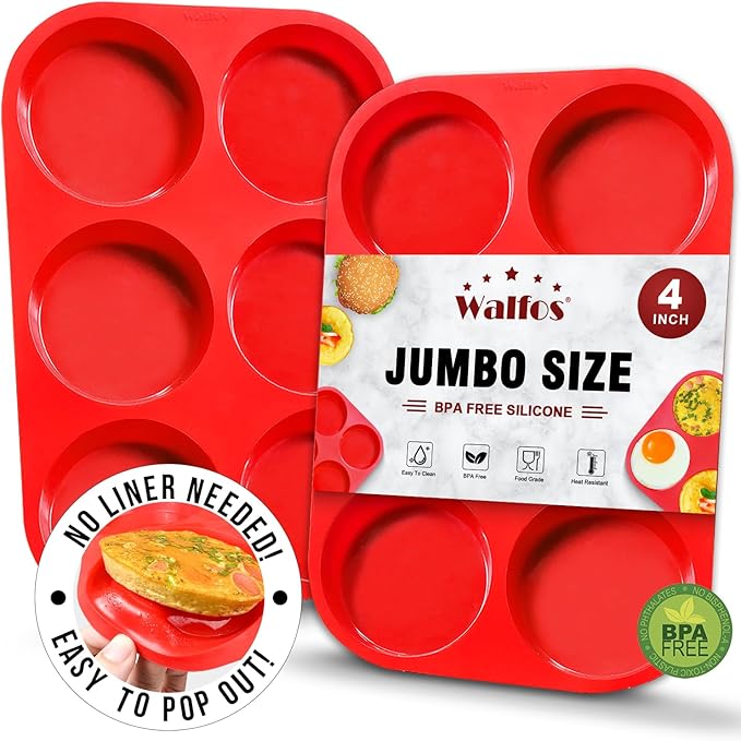 Walfos Silicone Muffin Top Pans for Baking 4inch Jumbo Size, Perfect Results Premium Non-Stick Bakeware Egg Baking Pan, Great for Eggs, Hamburger Bun, Muffin Top and More, Food Grade & BPA Free, 2pcs