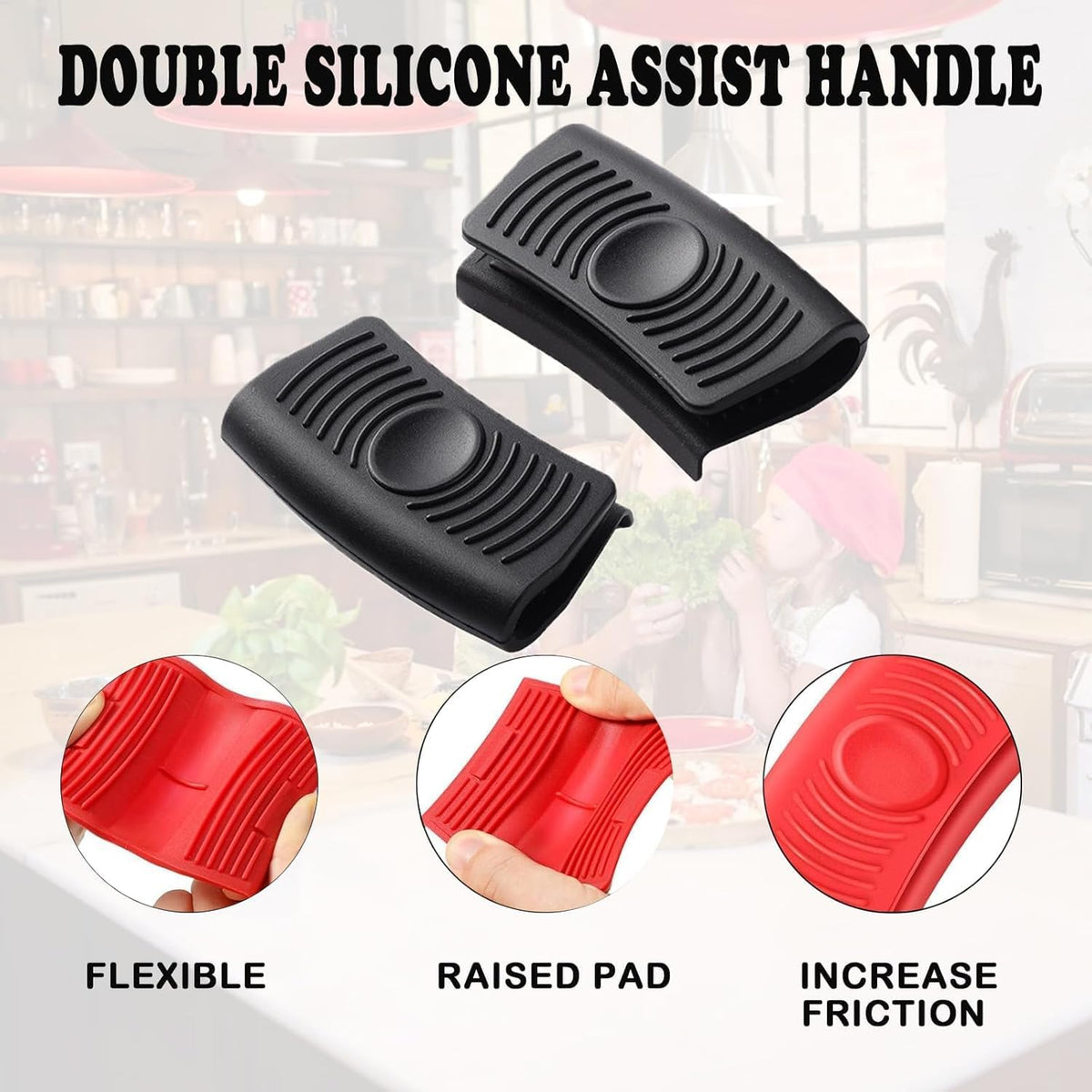 2 Pairs Silicone Assist Hot Handle Holder XX915 Hot Skillet Handle Covers Pot Holder Sleeve Cast Iron Skillets Nonslip Heat Resistant for Kitchen Pot Pan Cookware