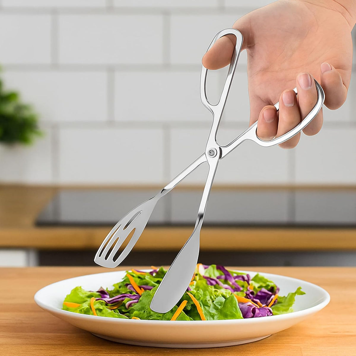 2-PACK Salad Tongs for Serving - Premium Stainless Steel Scissor-Style, Non-Toxic, Heat-Resistant Salad Servers, Dishwasher Safe, Ideal for Buffet and Party Use (Silver)