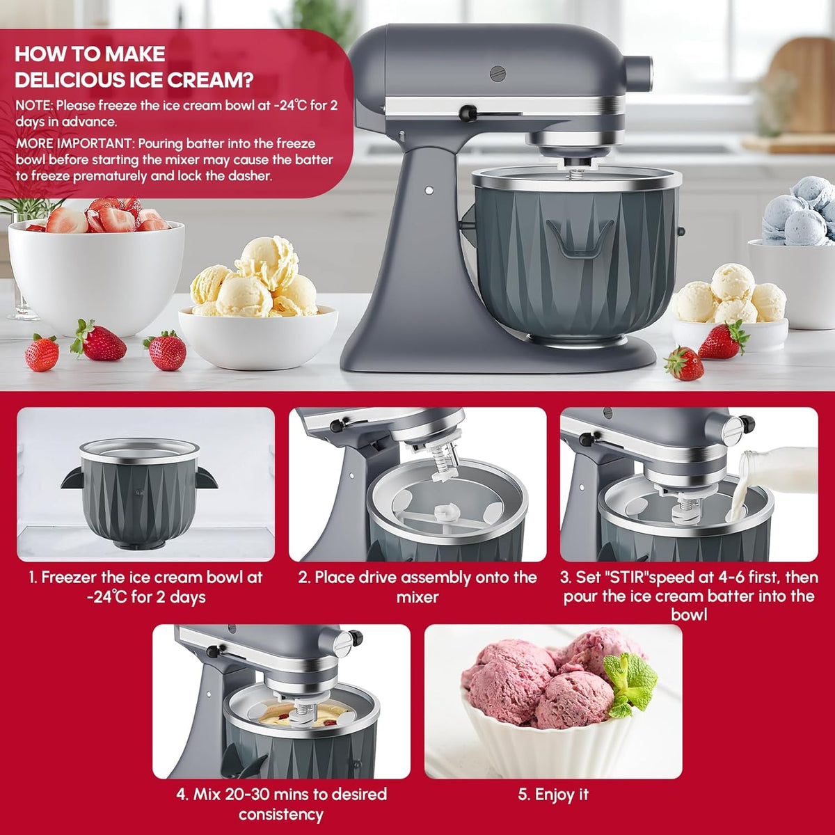 InnoMoon Ice Cream Maker Attachment for KitchenAid Stand Mixer, Compatible for Kitchenaid 4.5QT/5QT/6QT/7QT Stand Mixer, 2-Quart Frozen Yogurt, Sorbet Gelato Maker, Kitchen aid Ice Cream Maker (Gray)