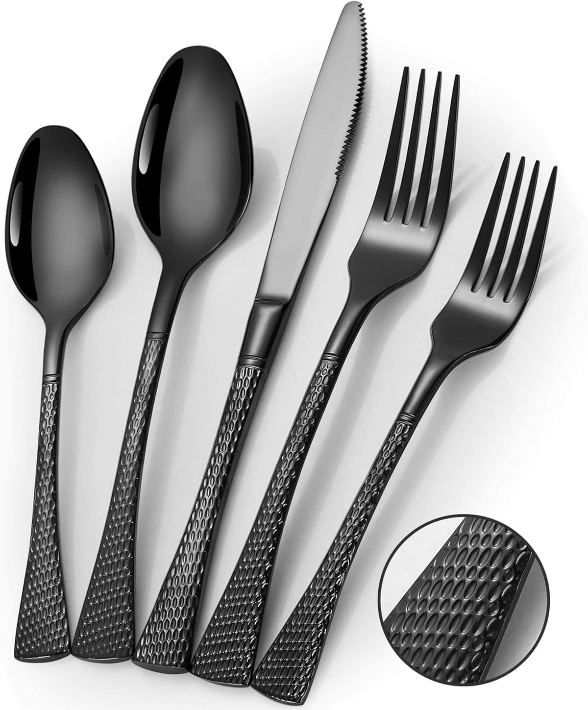 Hammered Black Silverware Set,20 Piece Modern Flatware Set Service for 4,Mirror Polished Stainless Steel Cutlery Set Utensil Set Tableware Set,Kitchen Knives Forks Spoons Set,Dishwasher Safe