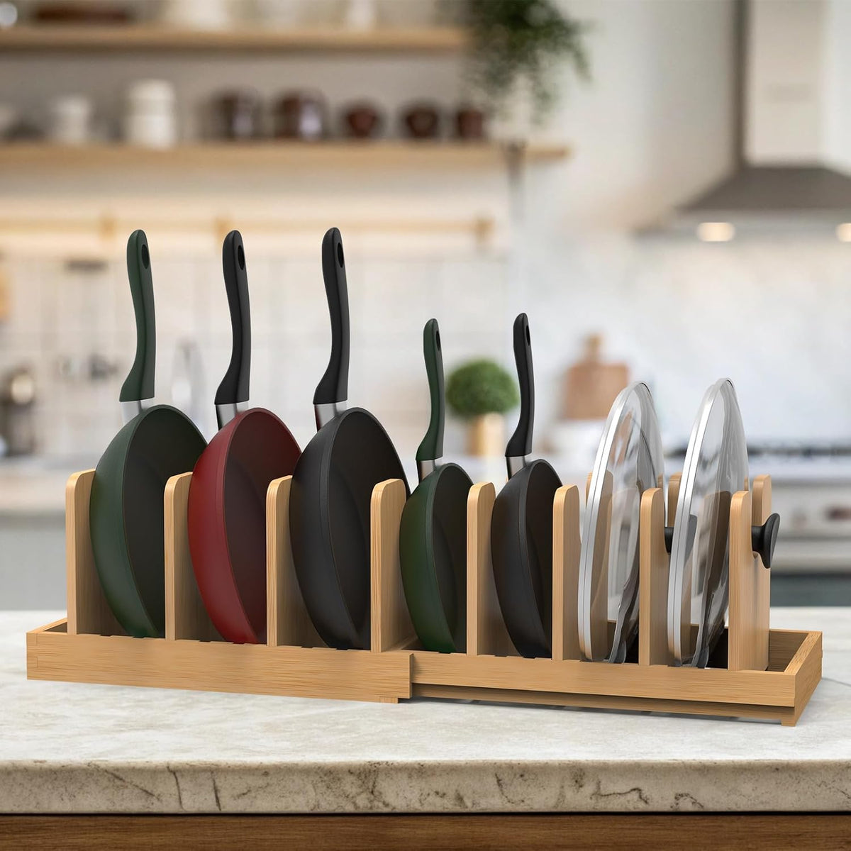 Pots and Pans Organizer Under Cabinet, Bamboo Expandable Pot Lid Organizer Holder Rack with 10 Removable Dividers